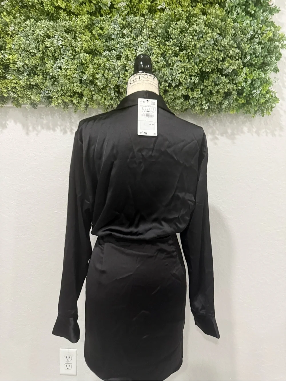 Zara Black Satin Wrap Shirt Mini Dress Long Sleeve Size L NWT